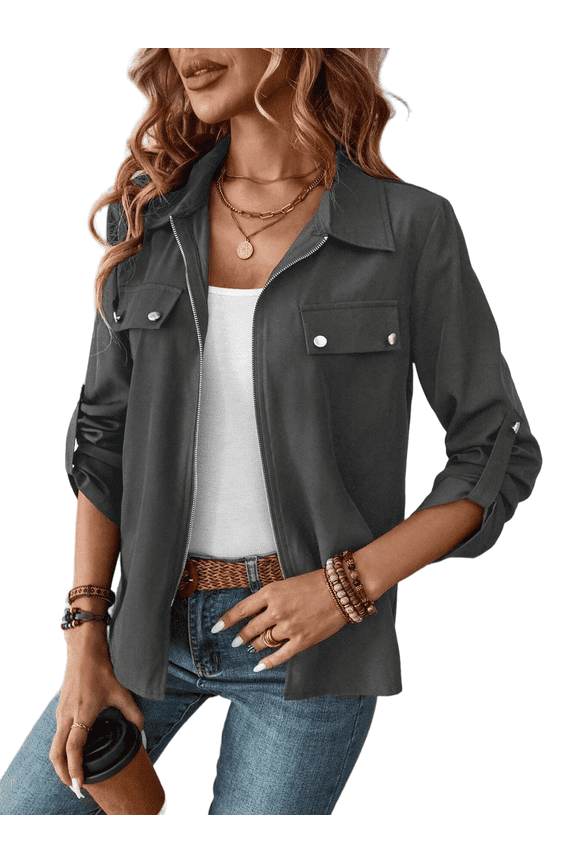 Women’s Jackets Fall Long Sleeve Lapel Zipper Pocket Button Street Style Casual Chic Motorcycle Coat S-2XL