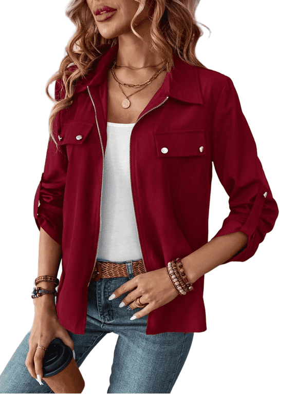 Women’s Jackets Fall Long Sleeve Lapel Zipper Pocket Button Street Style Casual Chic Motorcycle Coat S-2XL