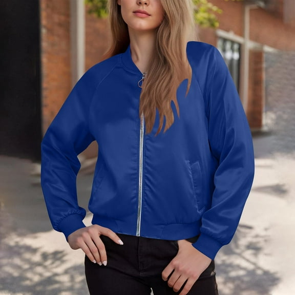 Women's Jackets Fashion High-Gloss Solid Zipper Bomber Jacket Tops Casual Lightweight Fall Outerwear Windbreaker with Pockets