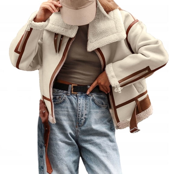 Women's Jackets Faux Sherpa Lined Long Sleeve Lapel Cropped Warm Fuzzy Fleece Motorcycle Outwear Jacket