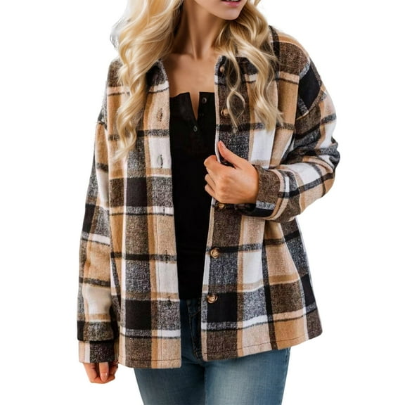 Women's Jackets Flannel Plaid Shacket Long Sleeve Button Down Shirts Vintage Casual Outwear Jacket