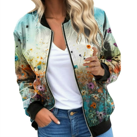 Women's Jackets Floral Print Baseball Long Sleeve Zip Up Loose Bomber Casual Windbreaker Outwear Jacket