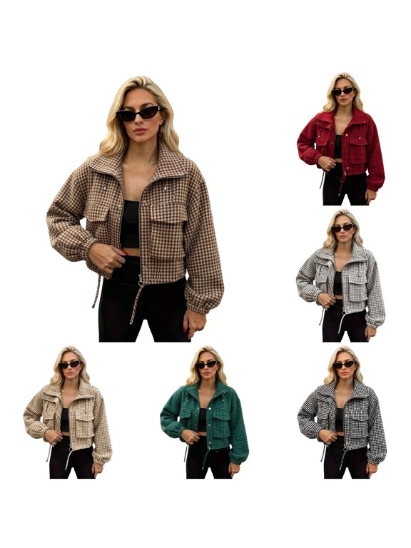 Women's Jackets – Houndstooth Check Cropped Stand Collar Zip Front Workwear – Casual Wear Work Days Coats (S-XL)