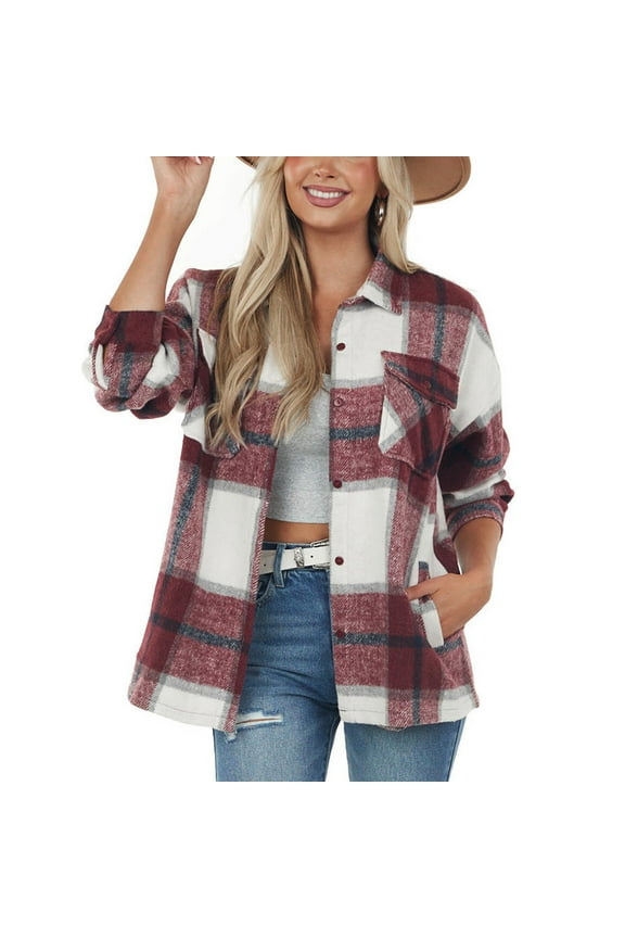 Women's Jackets Lightweigh Athletic Casual Loose Plaid Printed Long Sleeve Vintage Lapel Wool Coat