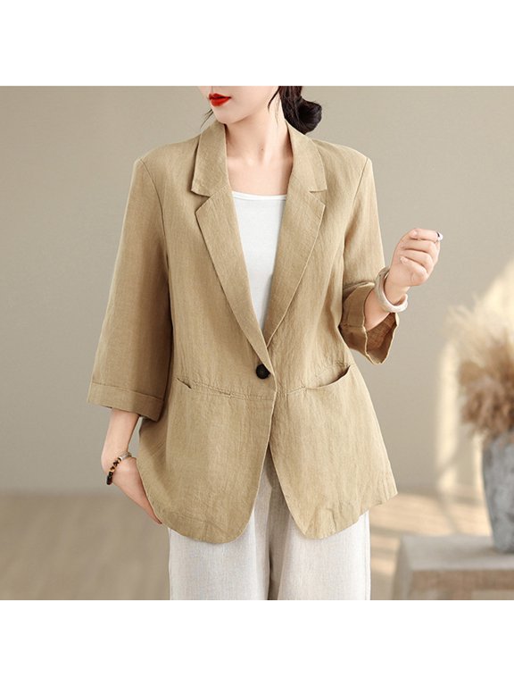 Women's Jackets Lightweigh Casual Fashion Button Pocket Solid Color 3/4 Sleeve Hoodless Casual Outwear Jackets