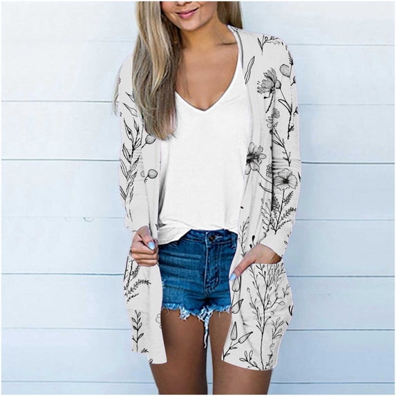 Women's Jackets Lightweigh Trendy Under $15 Printing Long Sleeve Casual Blouse With Pocket Cardigan Outwear