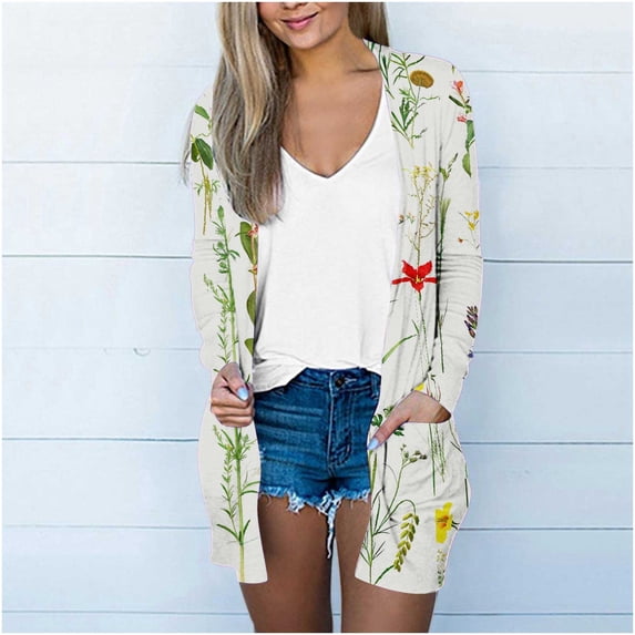 Women's Jackets Lightweigh Trendy Under $15 Printing Long Sleeve Casual Blouse With Pocket Cardigan Outwear