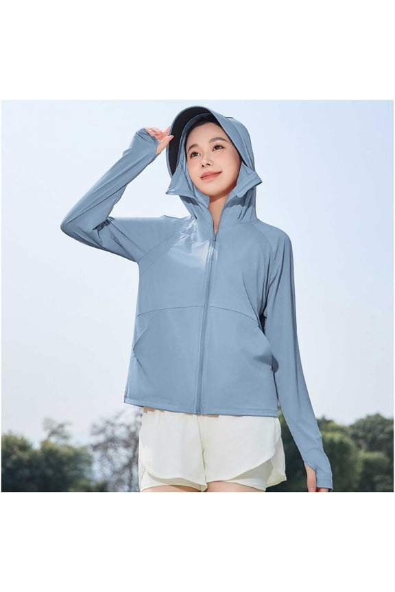 Women's Jackets Lightweight Athletic Under $15 with Hood Solid Color Long Sleeve Hooded Casual Sun Protection Clothing