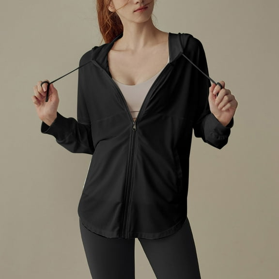Women's Jackets Lightweight Athletic Under $15 with Hood Solid Color Long Sleeve Hooded Casual Sun Protection Clothing