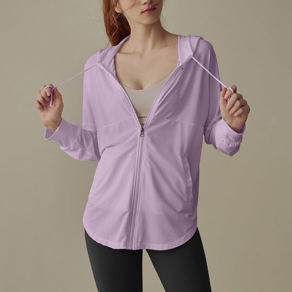 Women's Jackets Lightweight Athletic Under $15 with Hood Solid Color Long Sleeve Hooded Casual Sun Protection Clothing