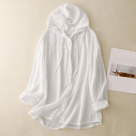 Women's Jackets Lightweight Casual Under $15 with Hood Solid Color Long Sleeved Button Down Drawstring Hooded Casual Outwear