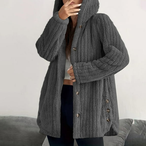Women's Jackets Lightweight Fleece Under $15 with Hood Winter Long Sleeved Hooded Warm Jacket Solid Color Button Top Jacket