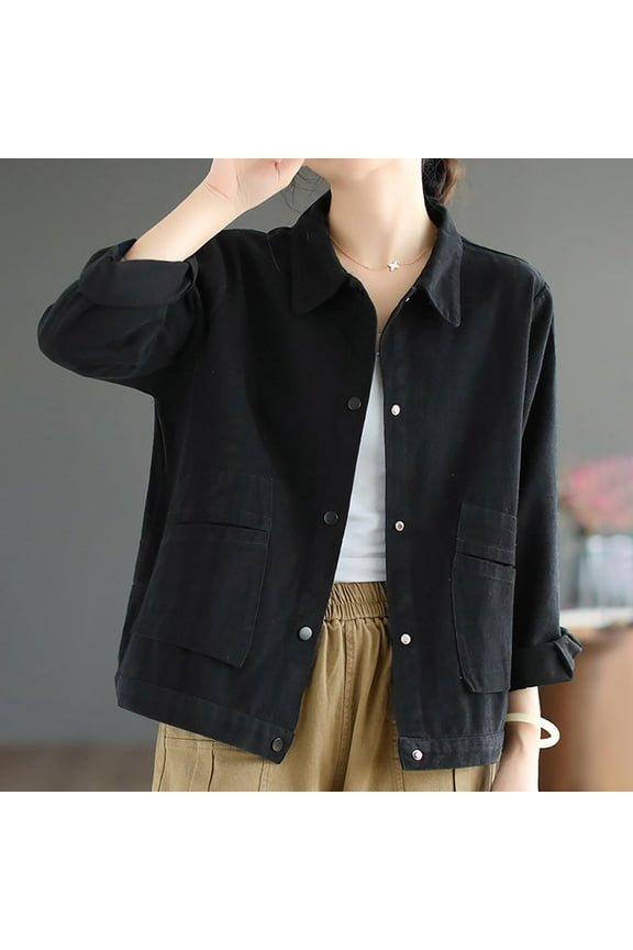 Women's Jackets Lightweight Trendy Cotton Solid Color Button with Pockets Workwear Jacket for Commuting Casual Top