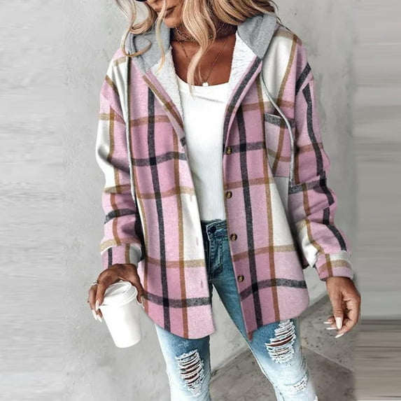 Women's Jackets Winter Women's Casual Fashion Plaid Hooded Long-sleeve Buttoned Hooded Thick Sweatshirt Coat Top, Size S-2XL