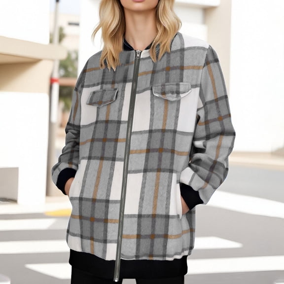 Women's Jackets Winter Women's Checkered Striped Fabric Medium Long Sleeved Pocket Zipper Jacket, Size S-2XL
