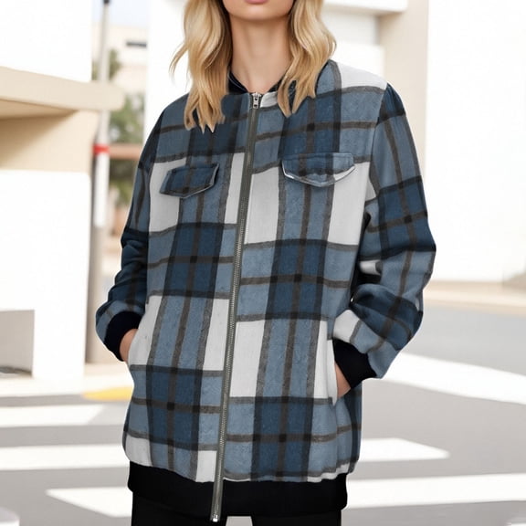 Women's Jackets Winter Women's Checkered Striped Fabric Medium Long Sleeved Pocket Zipper Jacket, Size S-2XL