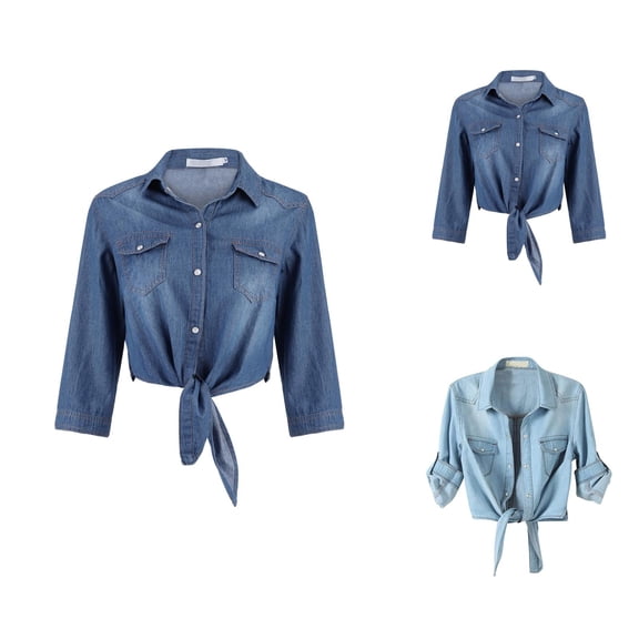 Women's Jackets Womens Fall Jackets Women's Casual 3/4 Sleeve Button Down Crop Jean Top - Knot Tie Denim Shirt Jacket, Versatile Autumn Winter Outerwear