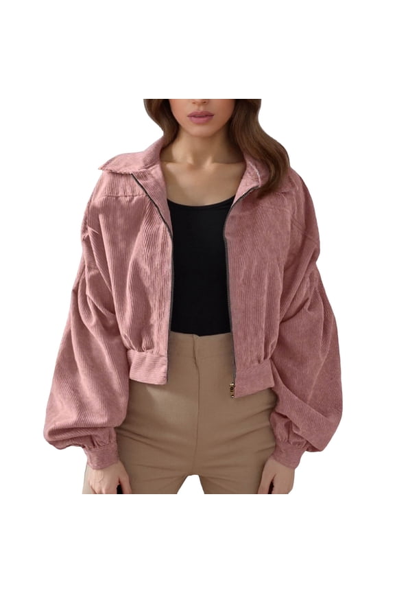 Women's Jackets Womens Fall Jackets Womens Fashion Corduroy Lapel Solid Color Long Sleeve Cropped Jacket Zip Coat