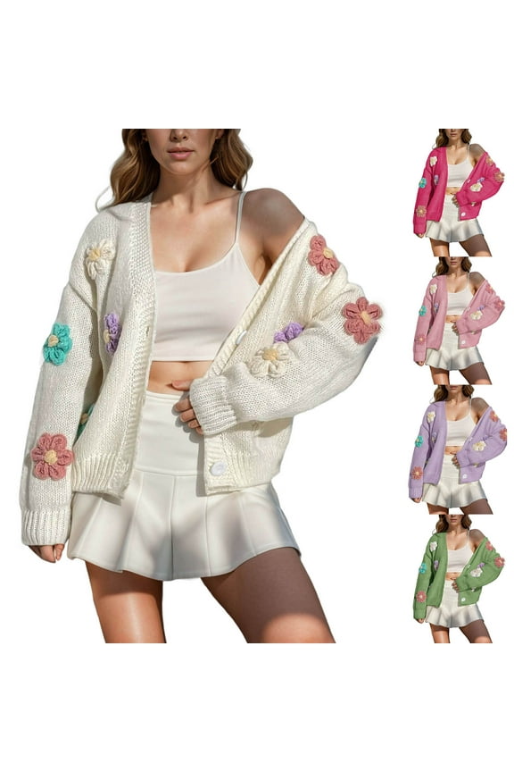 Women's Jackets with Pockets Solid Color Long Sleeve Women's Winter Loose Floral Knit Cardigan Jacket Casual Outerwear White M
