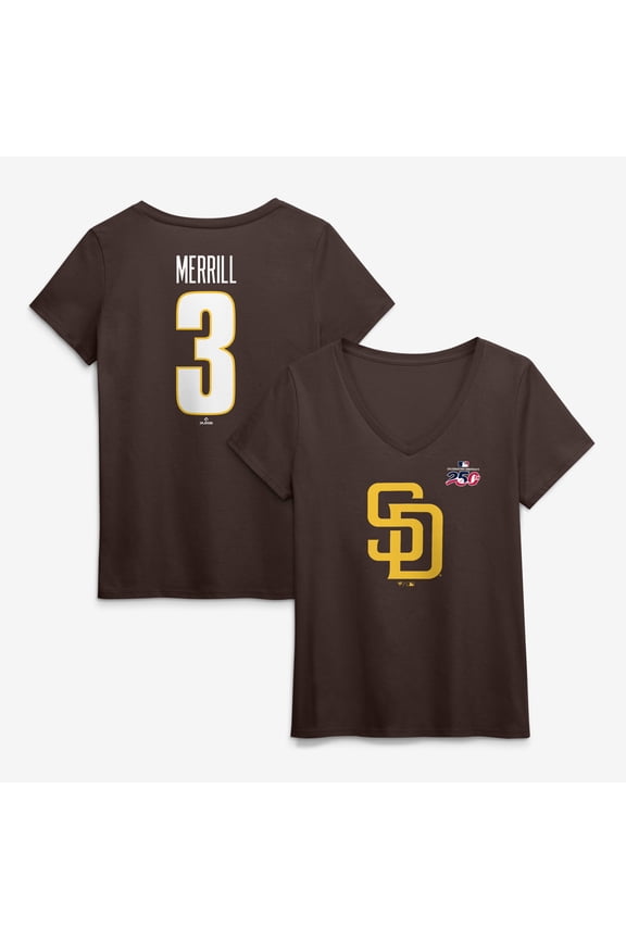 Women's Jackson Merrill Brown San Diego Padres Celebrating America's 250th Name & Number V-Neck T-Shirt
