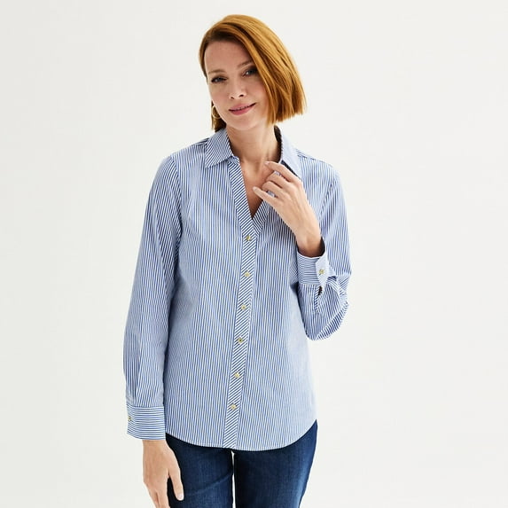 Women's Jaclyn Smith Tencel Long Sleeve Button Up Top Color: Pinstripe Size: SMALL