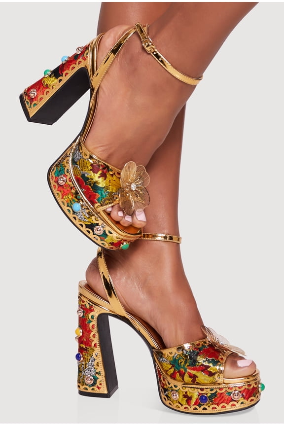 Women's Jacquard Block Heel Platform Sandals with Gemstones