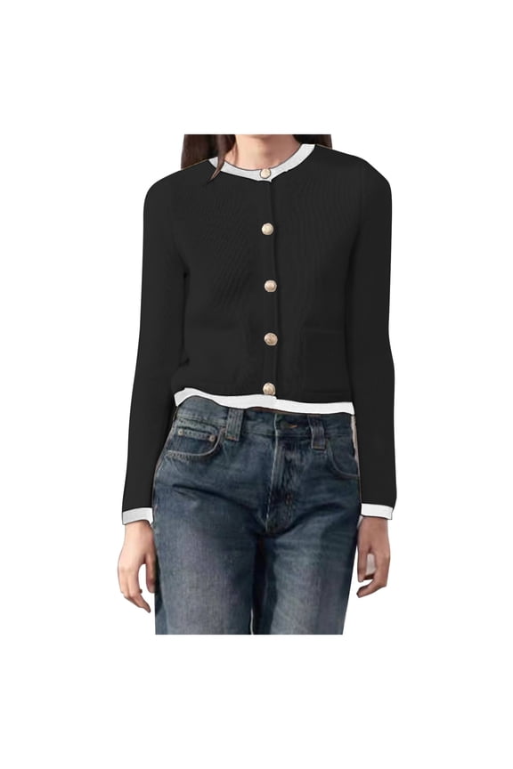 Women’s Jacquard Knit Cardigan Sweater Crewneck Gold Embossed Button Front Patch Pockets Casual Daily Top S-L