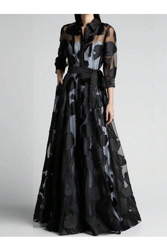 Women’s Jacquard Mesh Floral Maxi Dress Elegant Three Quarter Sleeve Formal Dress with Shirt Collar Button Front Self Tie Waist Belt and Hidden Pockets