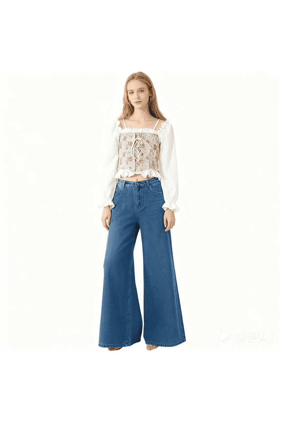 Women's Jacquard One-line Shoulder Long Sleeve Blouse with Square Collar Lace-up Puffy Sleeve Top