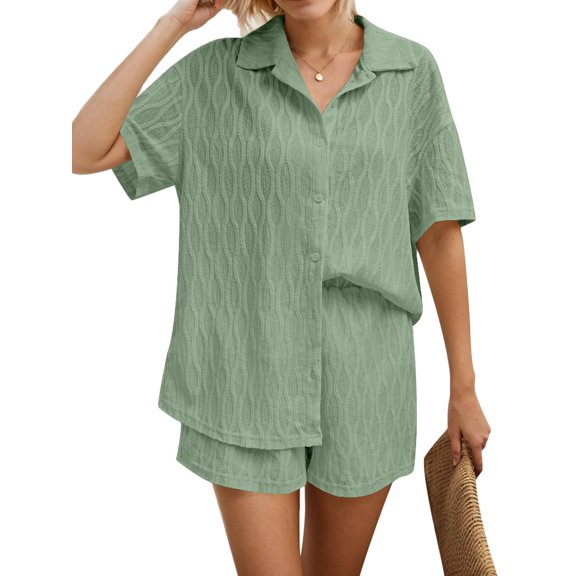 Women's Jacquard Short Sleeve Button Shirt Summer Comfort Shorts 2025 Trendy Pajama Set