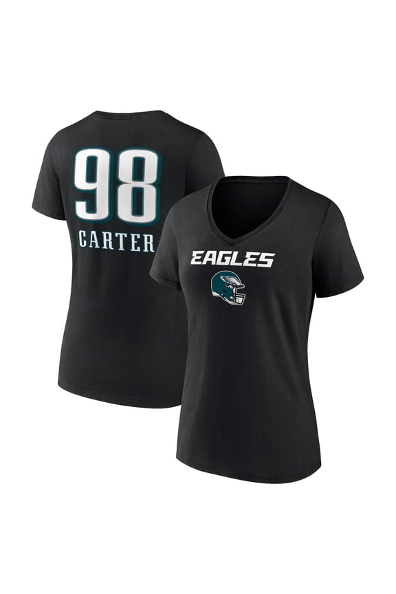 Women's Jalen Carter Black Philadelphia Eagles Wordmark Player Name & Number V-Neck T-Shirt