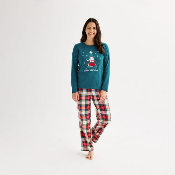Women's Jammies For Your Families® Jingle Bell Rock Mrs. Claus Pajama Top & Fleece Pajama Bottoms Set Color: Light Skin Tone Santa Size: MEDIUM
