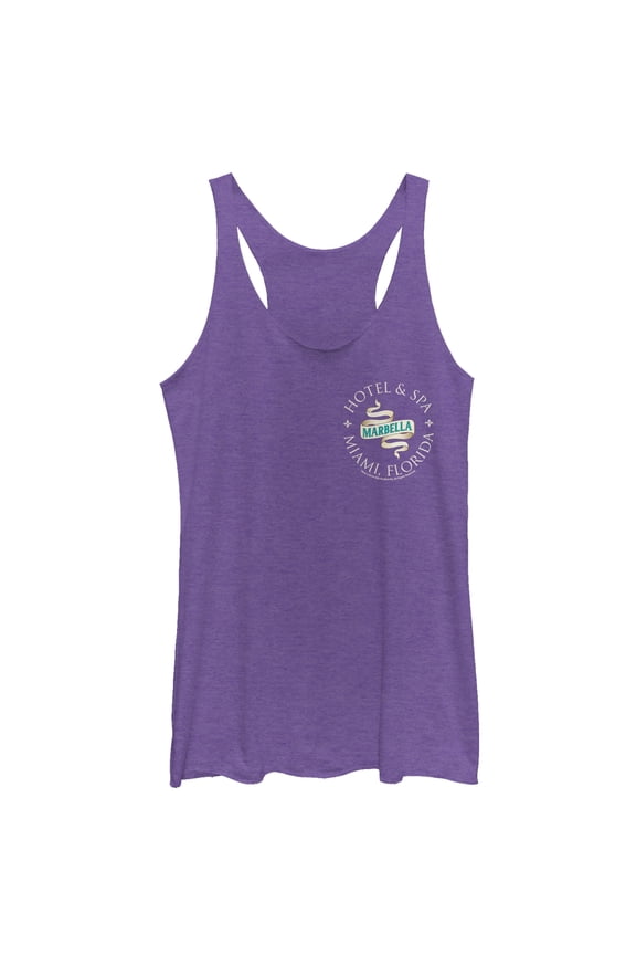 Women's Jane the Virgin Marbella Hotel Logo Racerback Tank Top Purple Heather Large