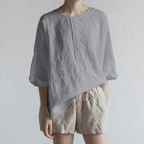 Women's Japanese Blouses Round Neck Cotton Linen Back Fork Half-Sleeve Tops Casual Loose Pullover T-shirt