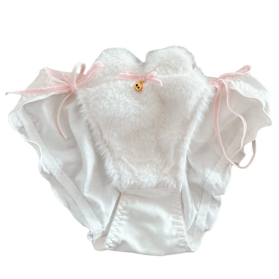 Women's Japanese Kitten Furry Underwear with Cats Ear Bells Tie String Ruffled Panties Briefs Lingerie Underpants
