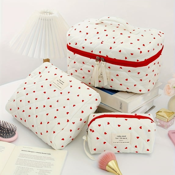 Women's Japanese Korean Style White Cosmetic Makeup Bag with Red Hearts - Large Capacity Travel Toiletry Organizer, Zippered Pouch for Makeup Brushes, Lipstick & Essentials