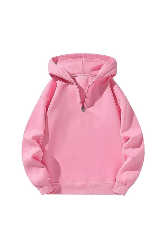 Women's Japanese Style Half Zip Hooded Sweatshirt, Solid Color Long Sleeve Pullover with Adjustable Hood, Autumn Winter Casual Streetwear Fashion Tops for Loungewear Comfort and Daily Wear Pink M
