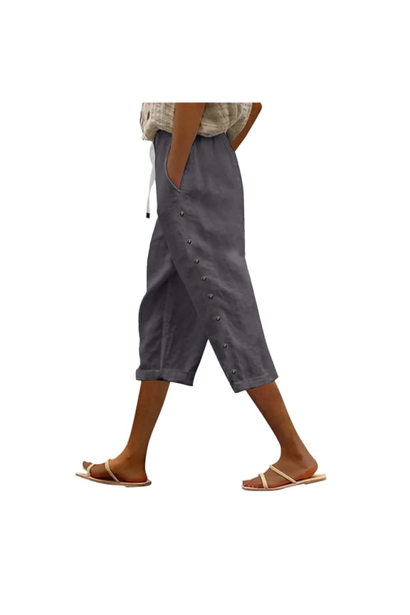 Women's Japanese Style Linen Pants Wide Leg Elastic Waist Drape Pants, Solid Color Cotton Linen Beach Trousers For Casual Wear Grey M