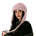 thumbnail image 1 of Women's Japanese Style Solid Color Knit Hat with Ear Flaps, Warm Winter Beanie with Tie Straps, Thickened Ribbed Cuff Hat, Soft Yarn Cold Weather Cap, Unisex Design - Pink, 1 of 4