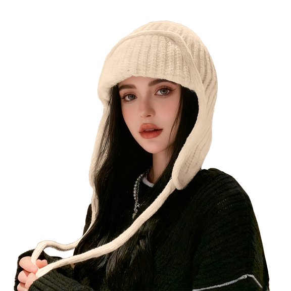 Women's Japanese Style Solid Color Knit Hat with Ear Flaps, Warm Winter Beanie with Tie Straps, Thickened Ribbed Cuff Hat, Soft Yarn Cold Weather Cap, Unisex Design - Khaki