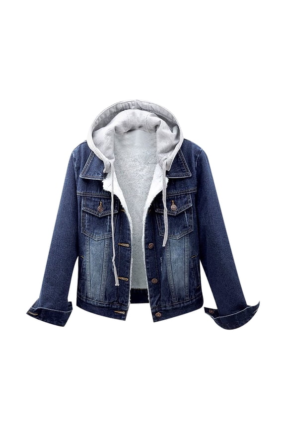 Women's Jean Denim Jacket with Hood Classic Trucker Shacket Button Up Frayed Cropped Loose Coats Dark Blue S