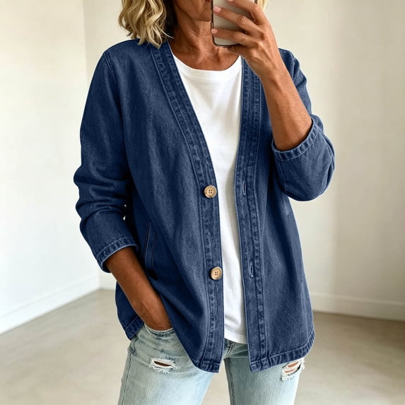 Women's Jean Jacket Classic Long Sleeve Button Down Denim Cardigan Relaxed Fit Lightweight Casual Denim Jacket for Women (Blue L)