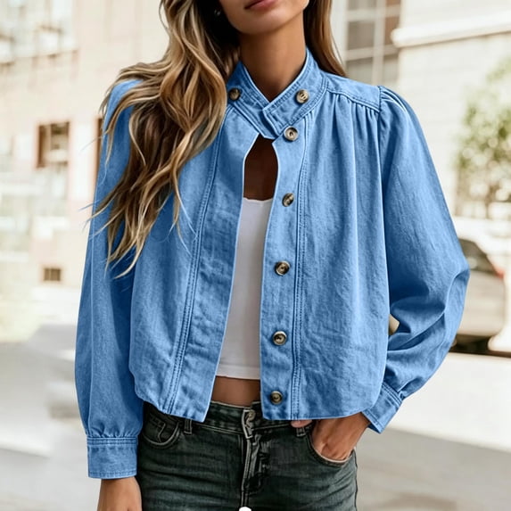 Women's Jean Jacket Cropped Long Puff Sleeve Button Down Denim Jackets (BU3)