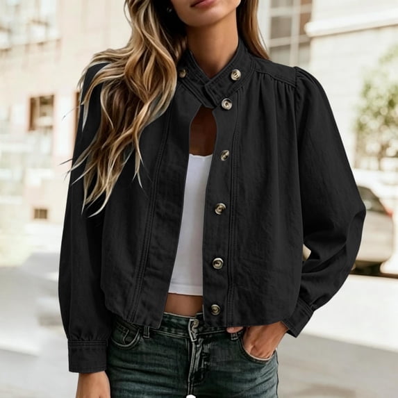 Women's Jean Jacket Cropped Long Puff Sleeve Button Down Denim Jackets (Black)