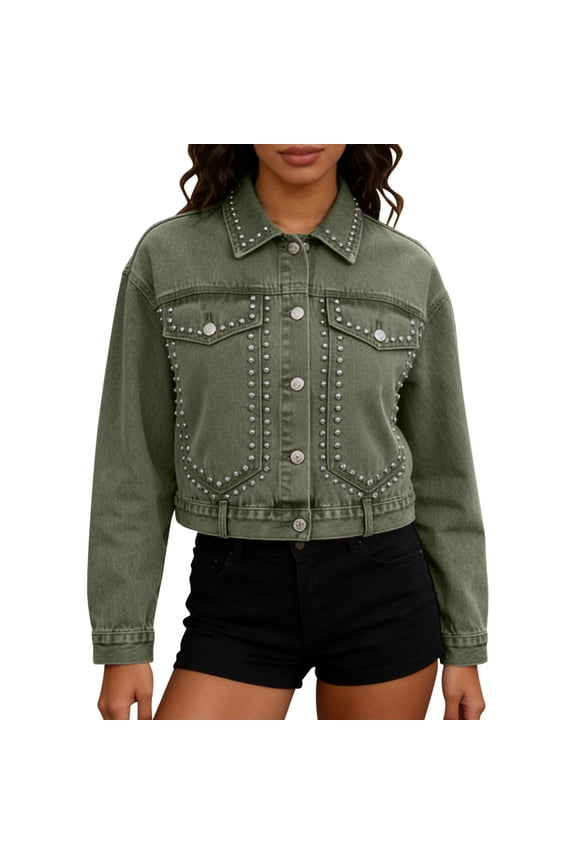 Women's Jean Jacket Embroidered Rivet Pearl Short Denim Jacket Coat Western Distressed Washed Denim Coat