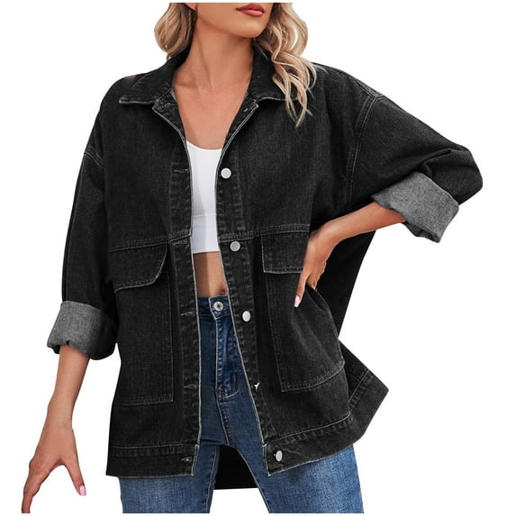 Women's Jean Jacket Oversized Boyfriend Button Up Long Sleeve Denim Jackets