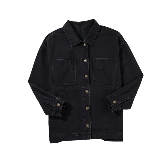 Women's Jean Jacket Oversized Boyfriend Button Up Long Sleeve Split Zimbaplatinum Denim Jackets Black XL