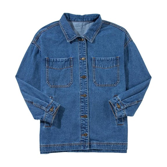 Women's Jean Jacket Oversized Boyfriend Button Up Long Sleeve Split Zimbaplatinum Denim Jackets Royal Blue S