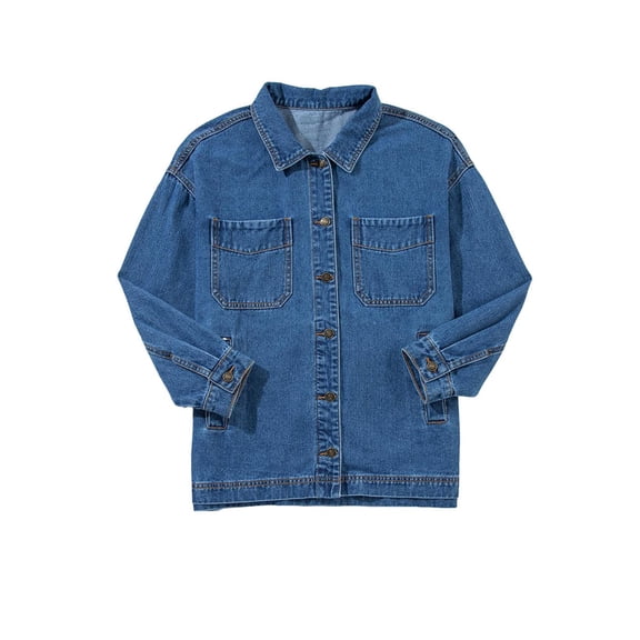 Women's Jean Jacket Oversized Boyfriend Button Up Long Sleeve Split Zimbaplatinum Denim Jackets Royal Blue XL