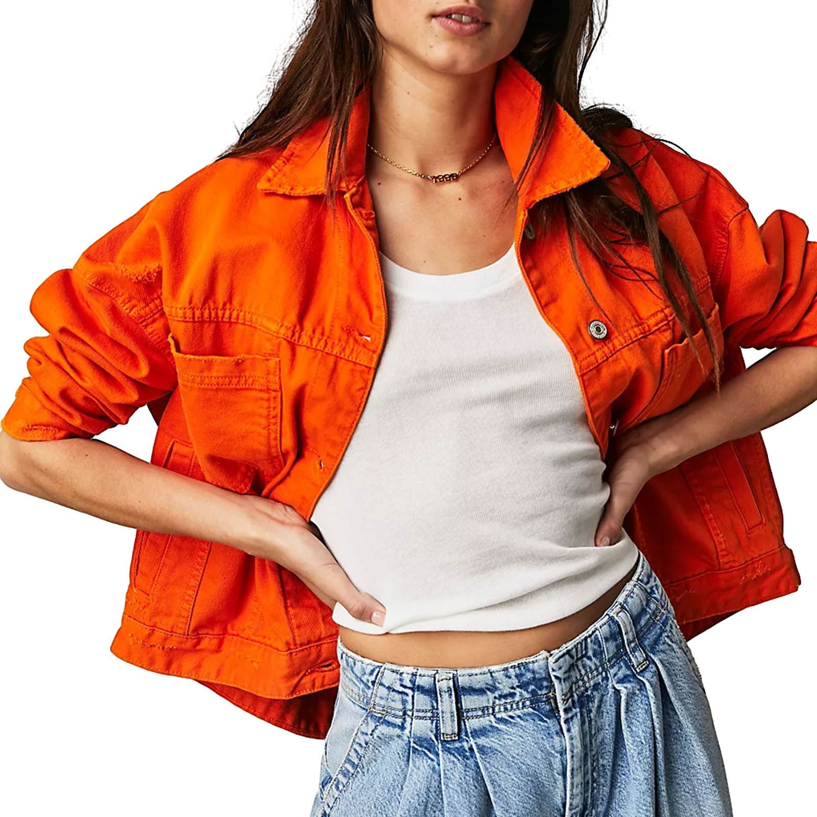 Veste En Jean Femme Longue Taille Courte - Manches Longues, Couleur Bleu, Tailles S à XXXL